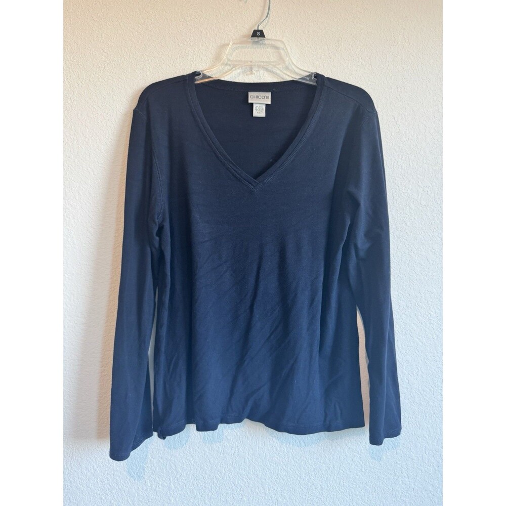 Chico's 2 Women's Black V Neck Long Sleeve T Shirt Rayon Size Large